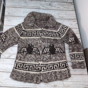 Cowichan-Style Wool Zip Sweater Brown Cream Moose Pattern – Unisex 20"
